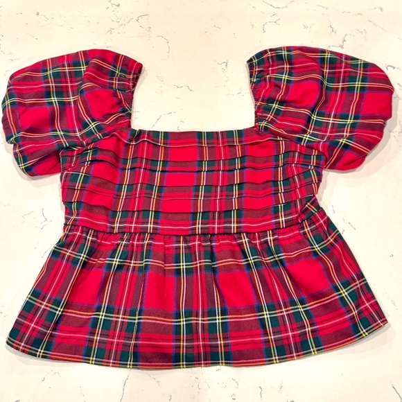 Francesca’s Collections Nicole Plaid Puff Sleeve Pleated Holiday Blouse NWT - Picture 9 of 15